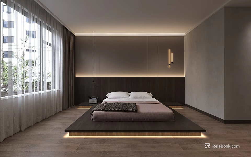 Modern Bedroom Interior With Wooden Headboard LED Lights Under Bed Window Curtains And Minimalist Design 3d model 