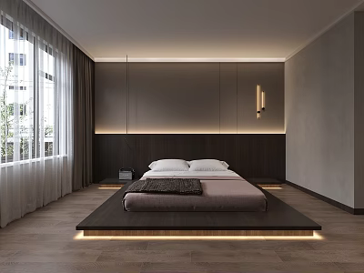Modern Bedroom Interior With Wooden Headboard LED Lights Under Bed Window Curtains And Minimalist Design 3d model