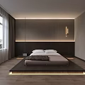 Modern Bedroom Interior With Wooden Headboard LED Lights Under Bed Window Curtains And Minimalist Design