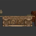 Vintage Wooden Desk With Carved Details Patterned Mat Vase Books And Leather Chair