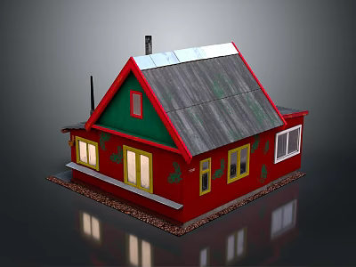 Small Red Cottage Building With Gray Roof Yellow Windows White Frames And Chimney 3d model