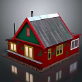 Small Red Cottage Building With Gray Roof Yellow Windows White Frames And Chimney