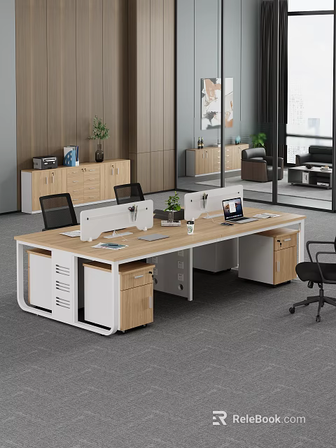 Modern Office Desk With Wooden Desktop White Drawers Dual Monitors And Office Chair 3d model 