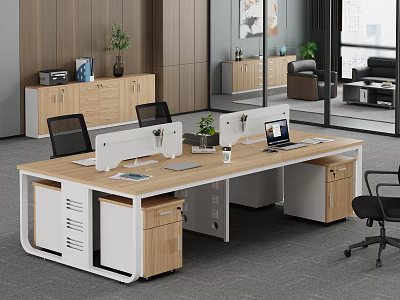 Modern Office Desk With Wooden Desktop White Drawers Dual Monitors And Office Chair 3d model