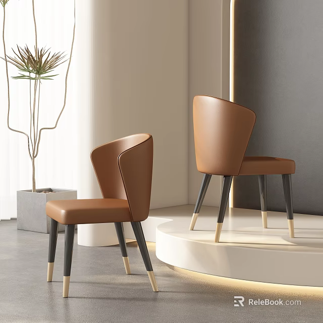 Elegant Brown Leather Dining Chairs With Black And Gold Legs In Modern Minimalist Interior 3d model 
