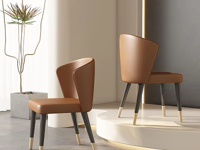 Elegant Brown Leather Dining Chairs With Black And Gold Legs In Modern Minimalist Interior 3d model