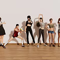 Group of Women with Various Active and Casual Poses Different Outfits Indoors on Wooden Floor