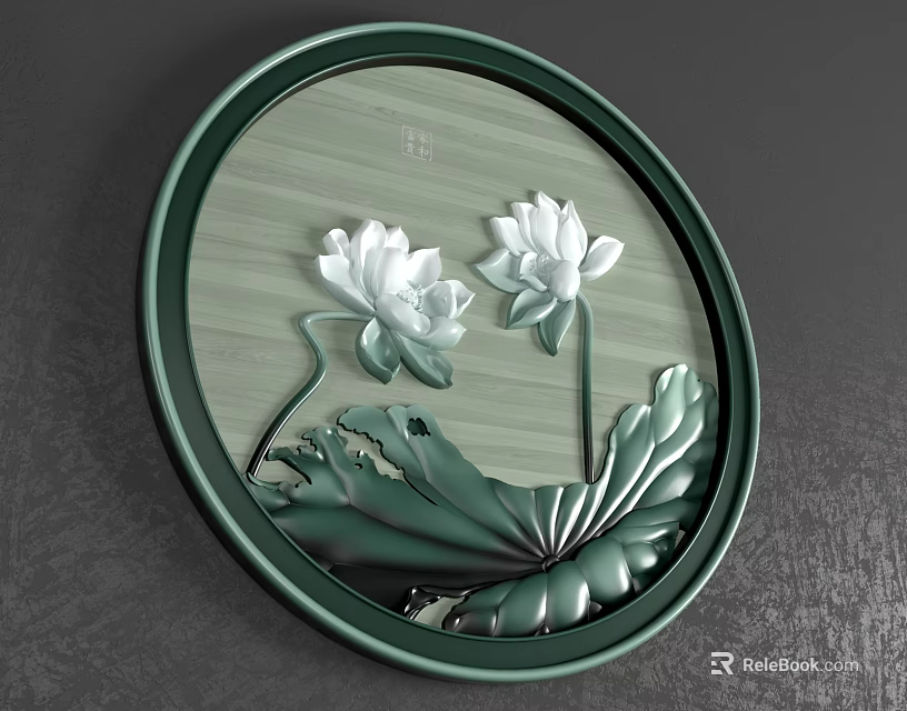 Green Framed Circular Painting With White Lotus Flowers And Green Leaves On Wooden Background 3d model 
