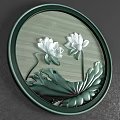 Green Framed Circular Painting With White Lotus Flowers And Green Leaves On Wooden Background
