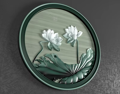 Green Framed Circular Painting With White Lotus Flowers And Green Leaves On Wooden Background 3d model