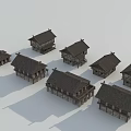 Various Traditional Chinese Architecture Models with Wooden Structures and Dark Roofs