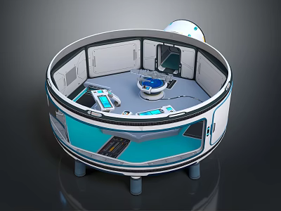 Futuristic Circular Tech Pod Featuring Modern Computer Workstation With Screens And Controls 3d model