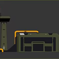 Military Style Industrial Facility With Green Exterior Yellow Pipes And Control Tower