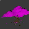 Purple Tree with Lush Leaves Brown Trunk Surrounded by Scattered Petals and Small Stones