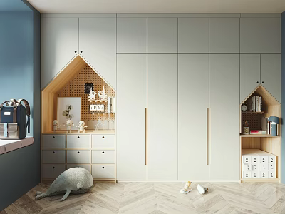 Modern Light Gray Wardrobe With Small House Shaped Cabinets Wooden Floor Room Interior 3d model
