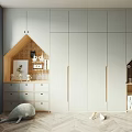 Modern Light Gray Wardrobe With Small House Shaped Cabinets Wooden Floor Room Interior