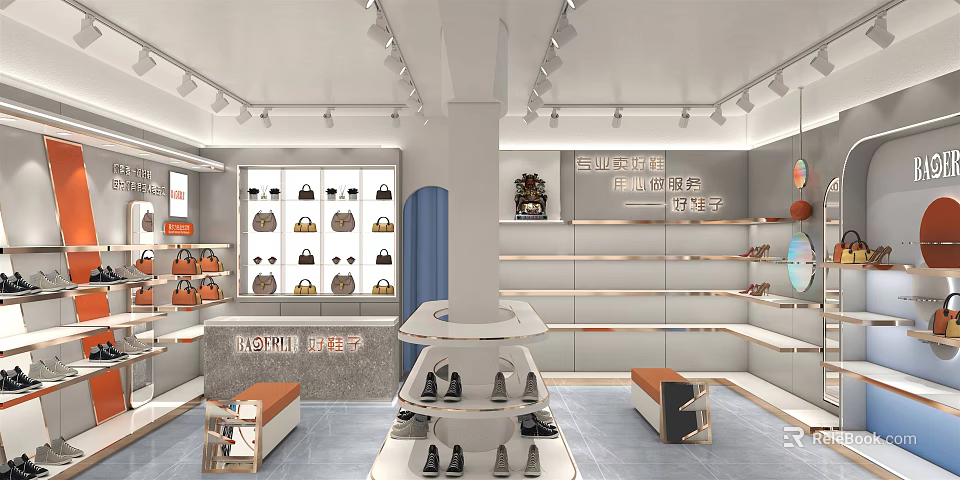 Modern Shoes And Bags Store Interior With Shelves Display Stands And Products 3d model 