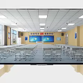 School Classroom With Neat Desks Chairs Blue Floor Slogans Windows Lights And Air Conditioners