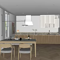 Bright Modern Kitchen Interior With Wooden Cabinets Dining Table Chairs And Herringbone Floor