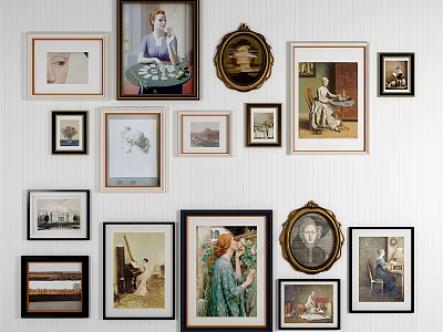 Gallery Wall With Framed Artworks And Photos In Various Sizes Shapes On White Striped Wall 3d model