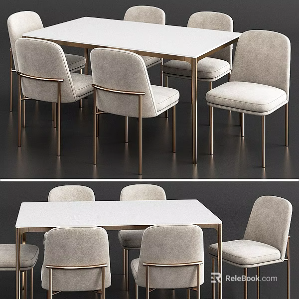 Modern Table And Chair Set With Light Gray Upholstered Chairs White Tabletop Metal Legs 3d model 