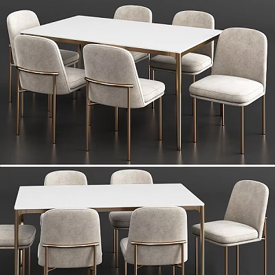 Modern Table And Chair Set With Light Gray Upholstered Chairs White Tabletop Metal Legs 3d model