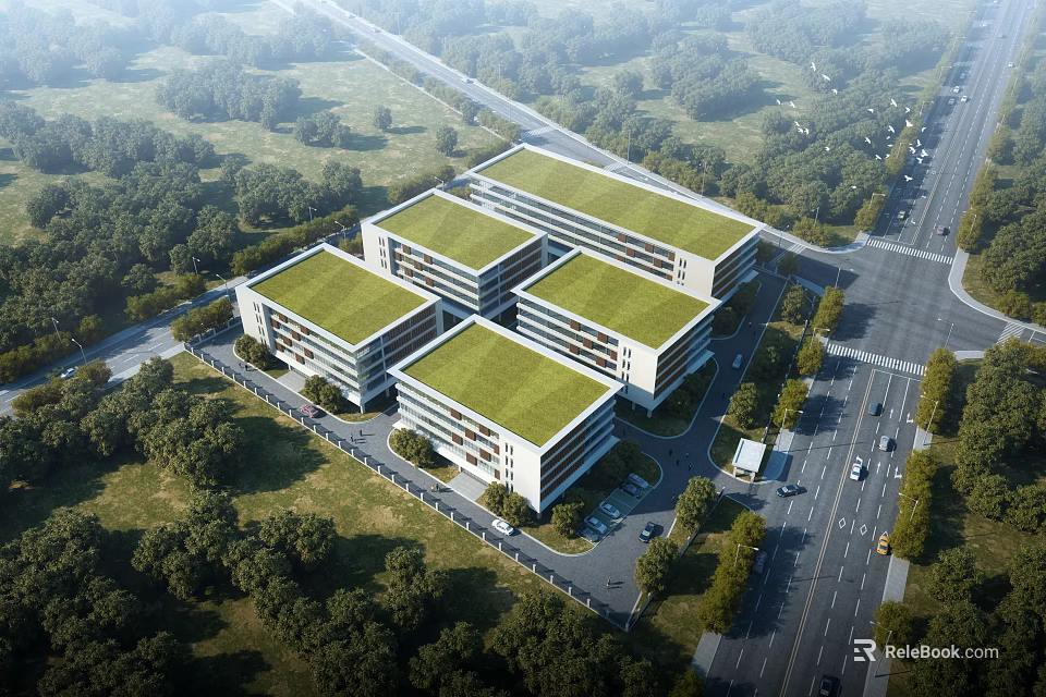 Modern Industrial Factory Complex with Green Roofs and Lush Forest Surroundings 3d model 