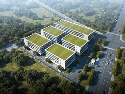 Modern Industrial Factory Complex with Green Roofs and Lush Forest Surroundings 3d model
