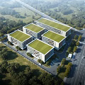 Modern Industrial Factory Complex with Green Roofs and Lush Forest Surroundings