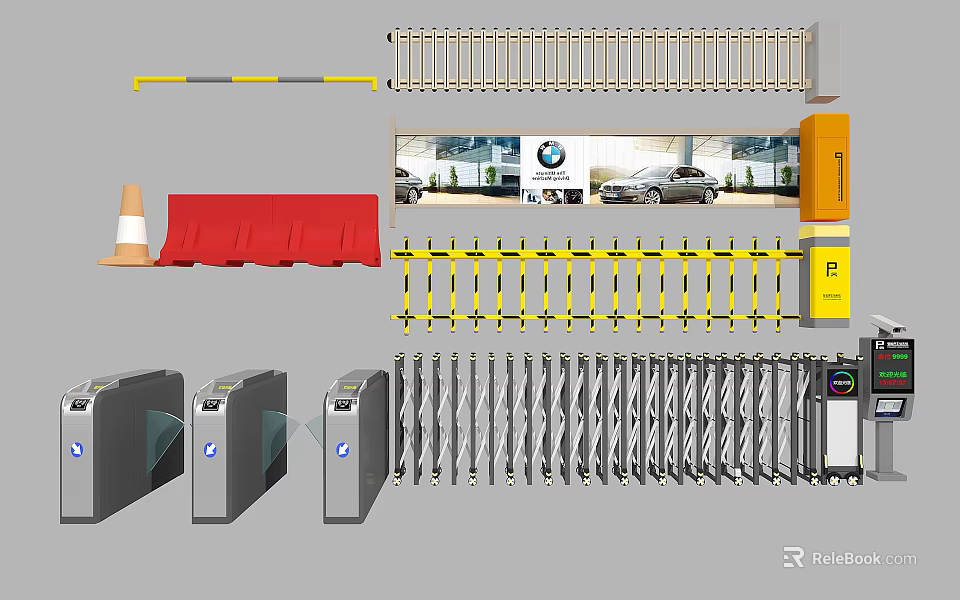 Public Facility Entry Control System With Gate Barriers Turnstiles Traffic Cones And Red Cloth Barriers 3d model 