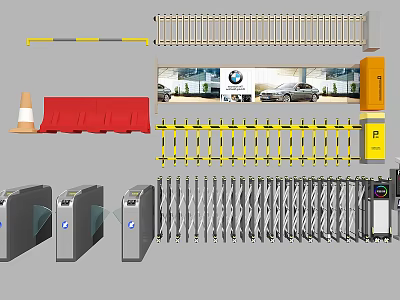 Public Facility Entry Control System With Gate Barriers Turnstiles Traffic Cones And Red Cloth Barriers 3d model