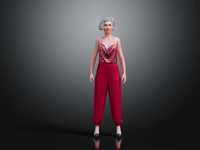Red Sequined Camisole With Loose Red Pants And Black Shoes Fashion Outfit 3d model