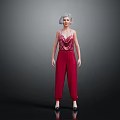 Red Sequined Camisole With Loose Red Pants And Black Shoes Fashion Outfit