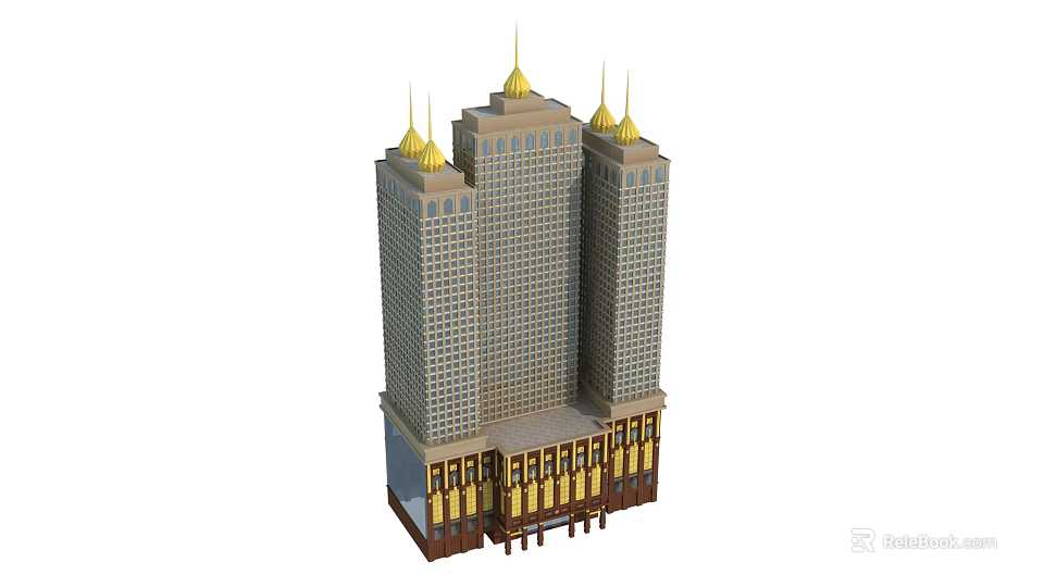Modern Tall Hotel Building Featuring Golden Spires And Decorative Exterior Design 3d model 