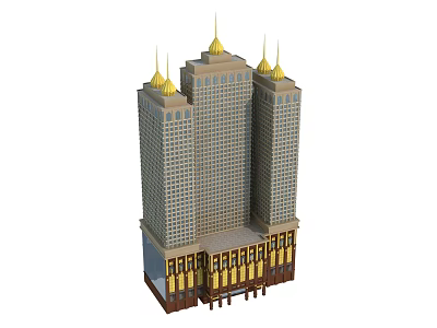 Modern Tall Hotel Building Featuring Golden Spires And Decorative Exterior Design 3d model