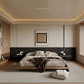 Modern Bedroom Interior Design With Wooden Elements Framed Artwork Comfortable Bed And Soft Lighting 3d model