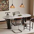 Modern Oval Marble Dining Table Set With Woven Back Chairs Pendant Lights And Decorative Painting