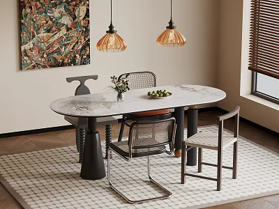 Modern Oval Marble Dining Table Set With Woven Back Chairs Pendant Lights And Decorative Painting 3d model