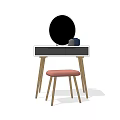Modern Dressing Table with Round Mirror Gray Countertop Drawers and Pink Stool 3d model