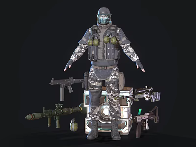 Man in Camouflage Uniform With Tactical Gear And Weapons Including Rifle Rocket Launcher And Case 3d model