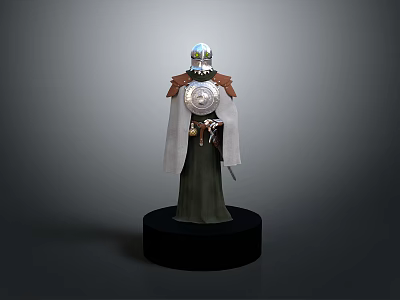 Man in Armor with Helmet Cape Shield and Sword on Black Base 3d model