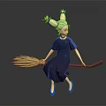 Young Girl Character With Twin Ponytails In Blue Dress Holding Yellow Bristle Broom