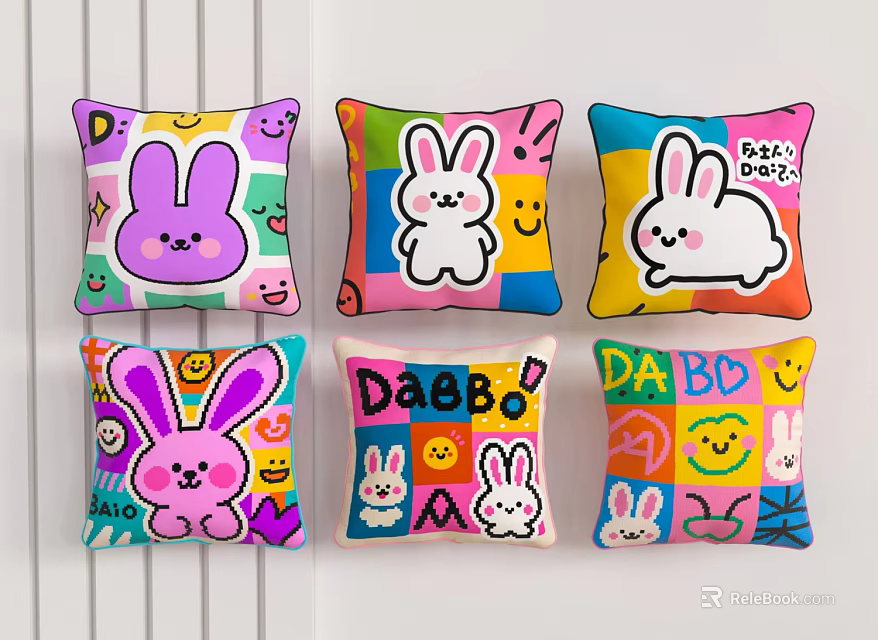 Cute Rabbit Pattern Decorative Pillows with Colorful Prints and Fun Designs 3d model 