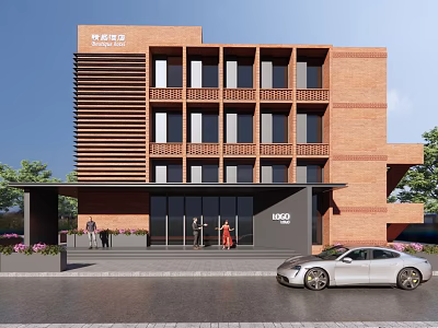 Red Brick Homestay Building With Large Windows Covered Entrance Greenery Flowers And Silver Car 3d model