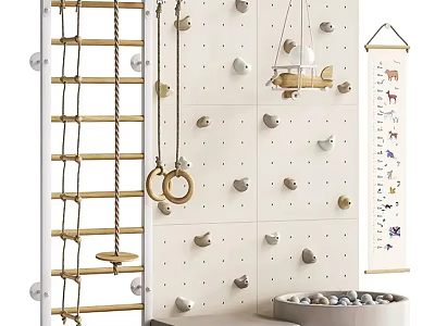 Kids Indoor Play Equipment With Wooden Ladder Rope Rings Climbing Holds Hanging Airplane Alphabet Banner 3d model