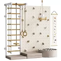 Kids Indoor Play Equipment With Wooden Ladder Rope Rings Climbing Holds Hanging Airplane Alphabet Banner