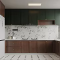 Elegant Retro Kitchen With Dark Green Upper Cabinets Wooden Lower Cabinets Floral Backsplash Decor