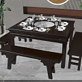 Dark Colored Square Dining Table Set With Benches And Tableware Decor 3d model