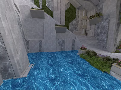 Modern Stone Architectural Scene With Blue Pool Gray Walls Staircase And Green Plant Planters 3d model
