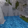 Modern Stone Architectural Scene With Blue Pool Gray Walls Staircase And Green Plant Planters